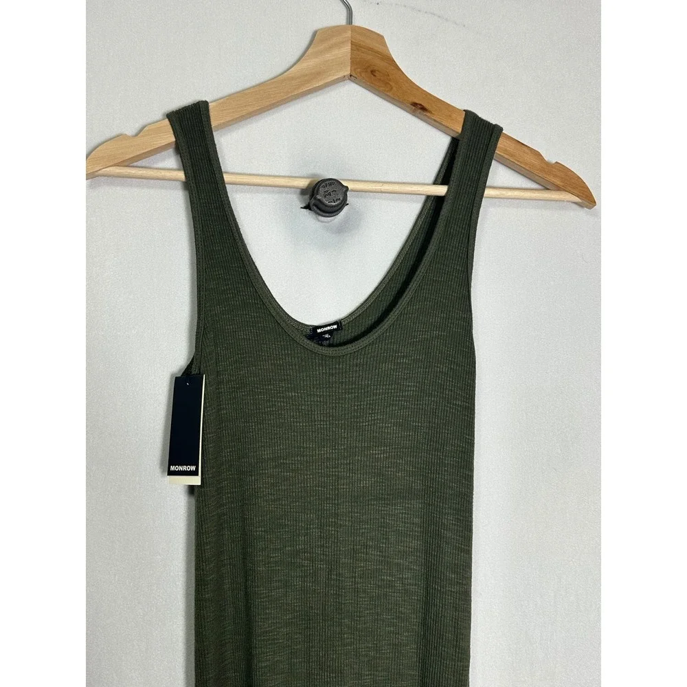 NWT Monrow Womens Ribbed Tank Dress Olive Green‎ Slub Jersey Midi Scoop Neck NEW